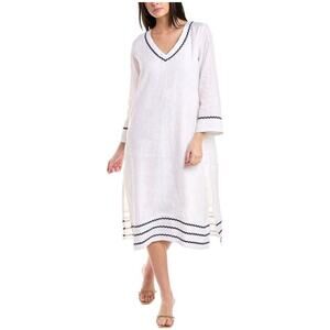 Pomegranate Kurta 100% Linen White Blue Side Slit Tunic Dress Large